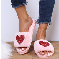 Zapatillas de lentejuelas de amor, zapatos de interior para el hogar para invierno, zapatillas de dormitorio para mujer