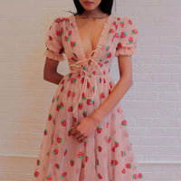 Strawberry Two Tone Sequin Mesh Tie Pleated Summer Dress