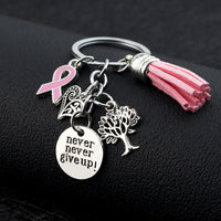 Breast Cancer Awareness Ribbon Tassel Never Give Up Love Tree Keychain
