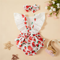 Watermelon Strawberry Printing Flounced Sleeve Sling Romper Headband Set (Baby)