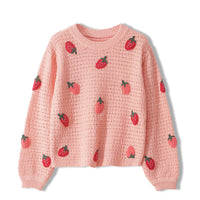 Strawberry Crew Neck Long Sleeve Knit Sweater