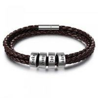 Bracelet tressé en cuir véritable, perles en acier inoxydable personnalisées, bracelet à breloques avec nom