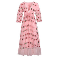 Strawberry Two Tone Sequin Mesh Tie Pleated Summer Dress