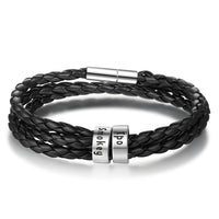 Bracelet tressé en cuir véritable, perles en acier inoxydable personnalisées, bracelet à breloques avec nom