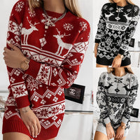 Vestido de punto jacquard navideño con copo de nieve de alce Suéteres de punto largos