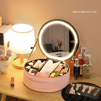 Trousse cosmétique circulaire avec miroir et lumière grande capacité