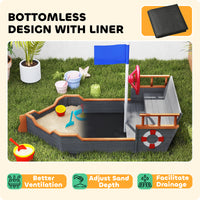 Kids Wooden Sandbox Pirate Ship Sandboat W Bench Seat Storage Space Cedar Wood, Gray