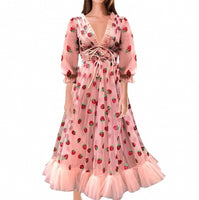 French Strawberry Sequined Long Dress