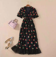 French Strawberry Sequined Long Dress