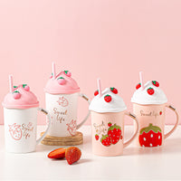 Creative Strawberry Ceramic Mug With Silicone Lid For Straw Cup