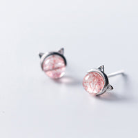 Small Peach Blossom Strawberry Crystal Cute Kitten Earrings