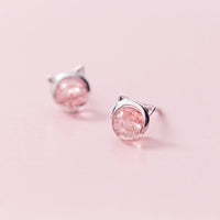 Small Peach Blossom Strawberry Crystal Cute Kitten Earrings