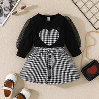 Infant Toddler Long-sleeved Pullover Skirt Two-piece Girl's Cute Love Top Tartan Skirt Suit