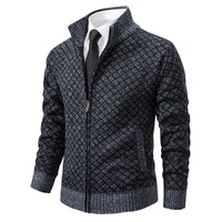 Thickened Plaid Print Jacket Cardigan Slim Fit Zipper Stand Collar Sweater (Mens)
