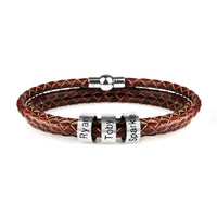 Bracelet tressé en cuir véritable, perles en acier inoxydable personnalisées, bracelet à breloques avec nom