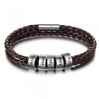 Bracelet tressé en cuir véritable, perles en acier inoxydable personnalisées, bracelet à breloques avec nom