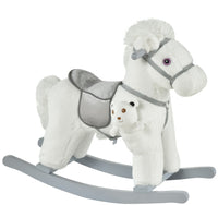 White Plush Rocking Horse With Bear Toy For Kids, Soft Sound Rocker, Ideal For Nursery Playtime