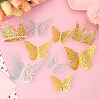Gold Crowns For Flower Bouquets, Flower Bouquet Accessories Set 24 Butterflies 2 Crown Topper 2 Sliver Glitter Powder For Birthday Baby Shower Cake Topper Wedding Party Decorations