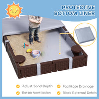 Kids Sandbox With Cover, 4 Corner Seats, Bottom Liner For Backyard, Garden, Outdoor, 73 X 47 X 9, Dark Brown