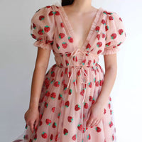 Strawberry Two Tone Sequin Mesh Tie Pleated Summer Dress