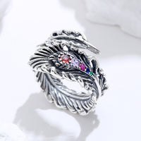 Plume de paon en argent Sterling S925, Design stéréoscopique, sensation rétro et vieillie, avec anneau en Zirconium coloré