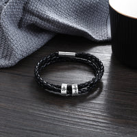 Bracelet tressé en cuir véritable, perles en acier inoxydable personnalisées, bracelet à breloques avec nom