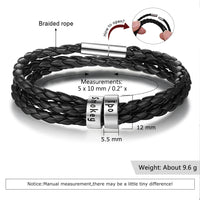 Bracelet tressé en cuir véritable, perles en acier inoxydable personnalisées, bracelet à breloques avec nom