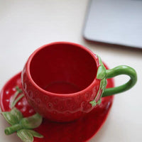 Hand Painted Ceramic Strawberry Coffee Cup & Saucer Set