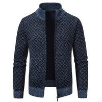 Thickened Plaid Print Jacket Cardigan Slim Fit Zipper Stand Collar Sweater (Mens)