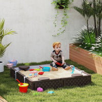 Kids Sandbox With Cover, 4 Corner Seats, Bottom Liner For Backyard, Garden, Outdoor, 47 X 47 X 9, Dark Brown