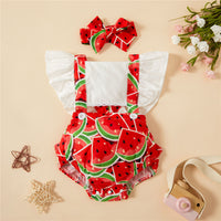 Watermelon Strawberry Printing Flounced Sleeve Sling Romper Headband Set (Baby)
