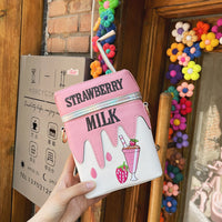 Embroidered Strawberry Milk Lemonade Juice Box Shoulder Bag