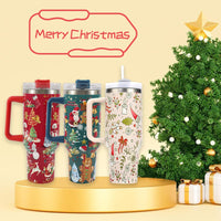 Tasse à motif de noël avec couvercle et poignée, verres en paille, gobelet sous vide en acier inoxydable, grande capacité, tasse à café de voyage en voiture, nouvelle collection