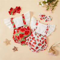 Watermelon Strawberry Printing Flounced Sleeve Sling Romper Headband Set (Baby)