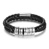 Bracelet tressé en cuir véritable, perles en acier inoxydable personnalisées, bracelet à breloques avec nom