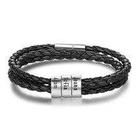 Bracelet tressé en cuir véritable, perles en acier inoxydable personnalisées, bracelet à breloques avec nom