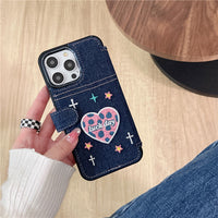 Denim Embroidery Heart Flip Cover iPhone Case