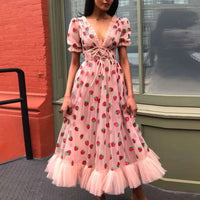 Strawberry Two Tone Sequin Mesh Tie Pleated Summer Dress