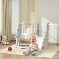 4 In 1 Toddler Slide And Swing Set With Climber, Basketball Hoop, Rabbit Themed Kids Playset For Ages 1.5-4, Gray