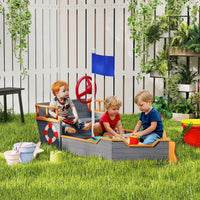 Kids Wooden Sandbox Pirate Ship Sandboat W Bench Seat Storage Space Cedar Wood, Gray