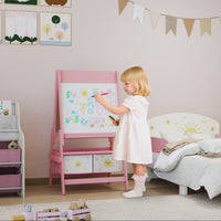 Art Easel , Double-Sided Whiteboard & Chalkboard With Paper Roll, Storage Baskets , Pink