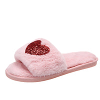 Zapatillas de lentejuelas de amor, zapatos de interior para el hogar para invierno, zapatillas de dormitorio para mujer