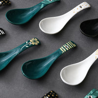 Dark Green Underglaze Porcelain Spoon Household Japanese Style Tableware Peacock Green Ceramic Small Spoon