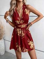 V-neck Sleeveless Backless Floral Print Shorts Jumpsuit