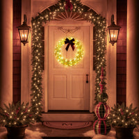 24in Pre-lit Iridescent Outdoor Christmas Wreath Decoration, Lighted Metal Wreath With Red Bow, Warm White LED Lights, For Front Door Gate Wall Indoor Outdoor Holiday Party