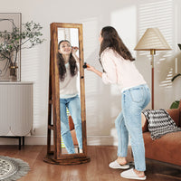 360 Swivel Jewelry Armoire, Lockable Jewelry Cabinet With Full-Length Mirror, Storage Shelves, Rustic Brown