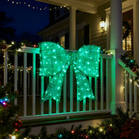 Pre-lit Outdoor Giant Bowknot Christmas Decoration, Lighted Metal Frame With 124 Green LED Lights, For Front Door Gate Wall Indoor Outdoor Holiday Party, Green