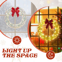 24in Pre-lit Iridescent Outdoor Christmas Wreath Decoration, Lighted Metal Wreath With Red Bow, Warm White LED Lights, For Front Door Gate Wall Indoor Outdoor Holiday Party