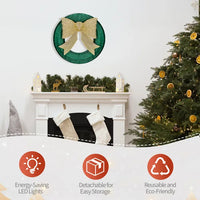 24in Pre-lit Outdoor Christmas Wreath Decoration, Lighted Metal Wreath With Golden Bow, Green And Warm White LED Lights, For Front Door Gate Wall Indoor Outdoor Holiday Party