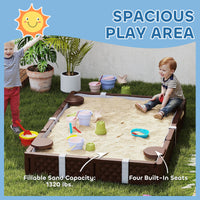 Kids Sandbox With Cover, 4 Corner Seats, Bottom Liner For Backyard, Garden, Outdoor, 73 X 47 X 9, Dark Brown